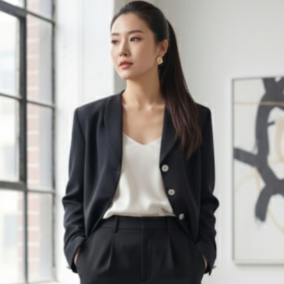 100% Silk Vintage Retro Valerie Stevens Black Blazer Suit Jacket Size 12 - Picture 1 of 11